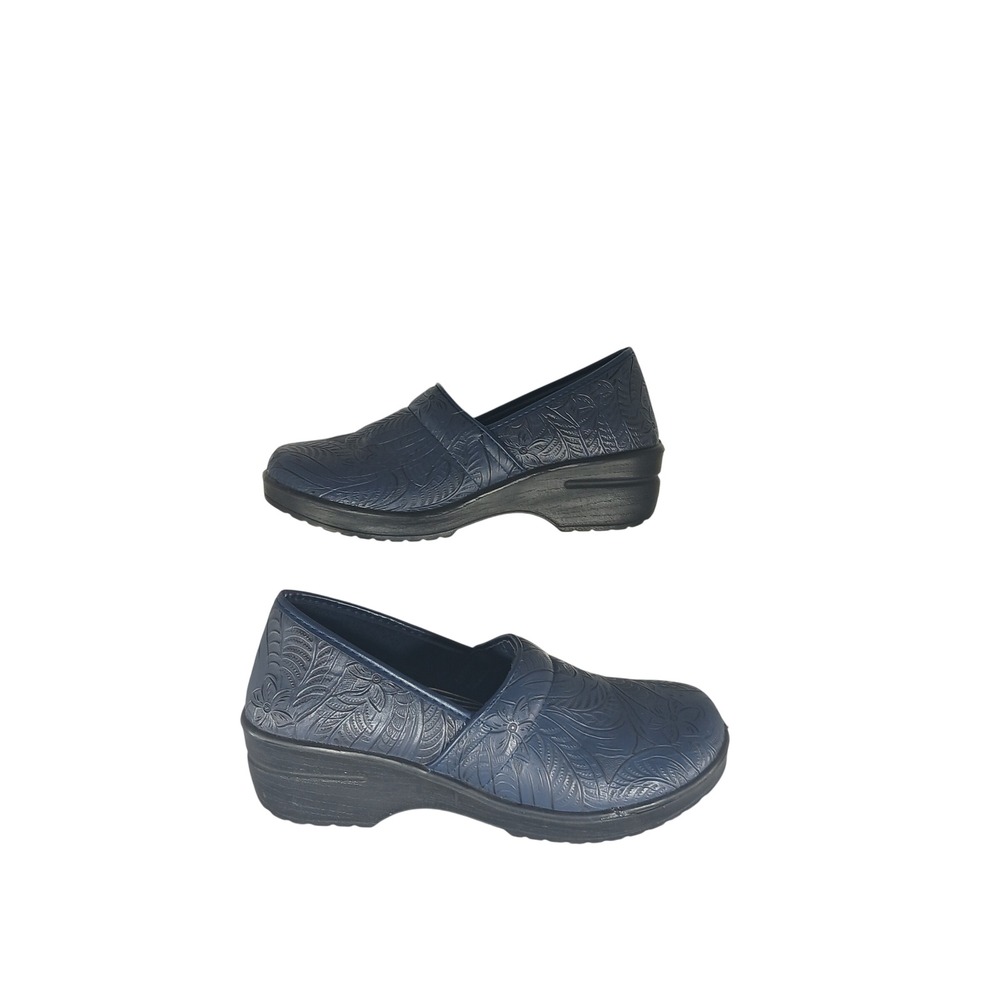 Easy Works by Easy Street Lyndee Clogs 9M Navy Blue Floral Embossed Work Shoes